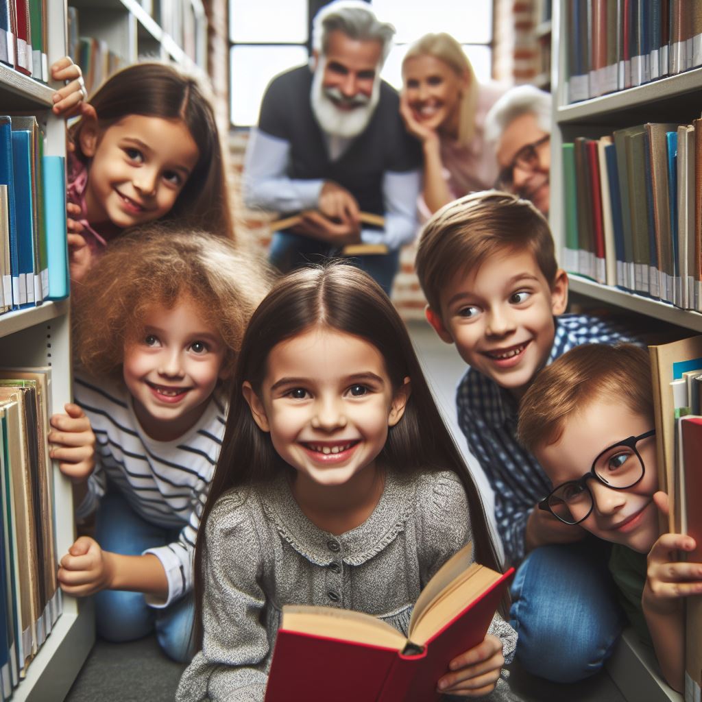 Obraz przestawiający dzieci w bibliotece