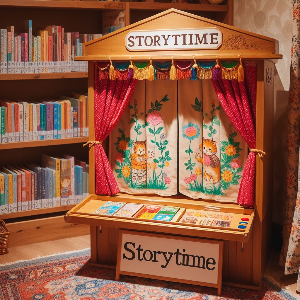 Obraz przedstawiający przenośną scenę wraz z kurtyną, z napisem Story Time. Wokół sceny stoją regały pełne książek.