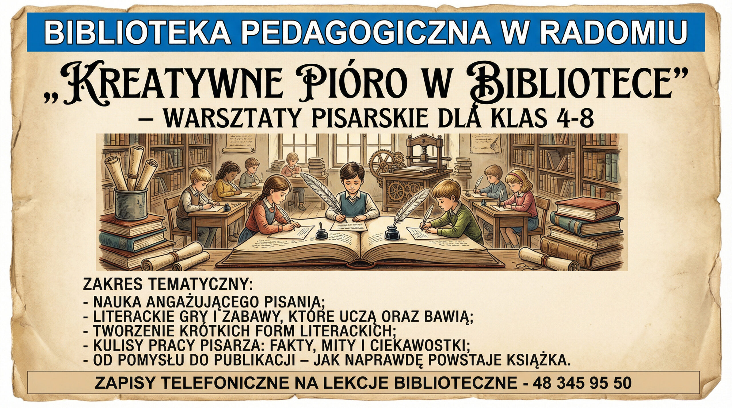 Infografika: warsztaty - Kreatywne pióro w Bibliotece - klasy 4-8
