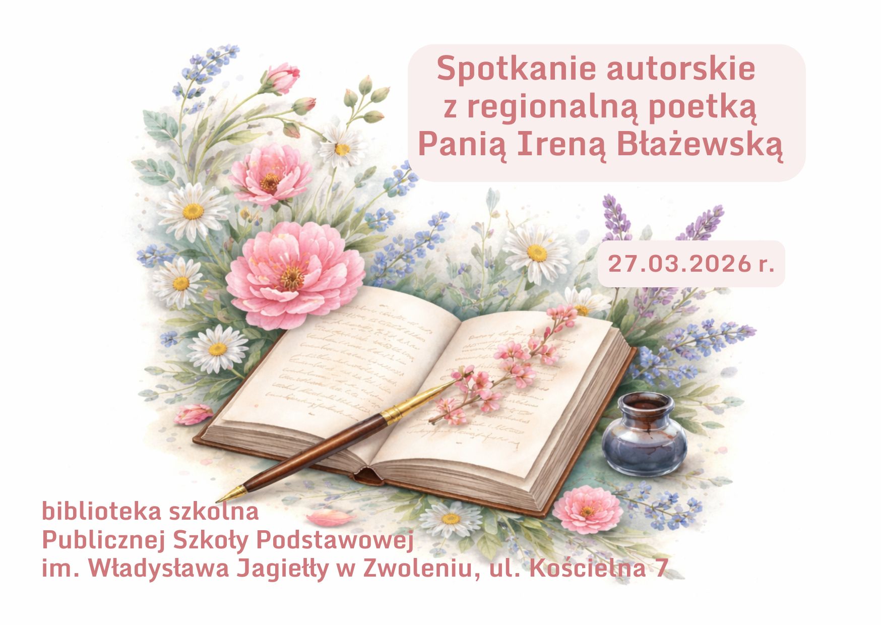 Zaproszenie na spotkanie autorskie z Pania Ireną Błażewską regionalną poetką
