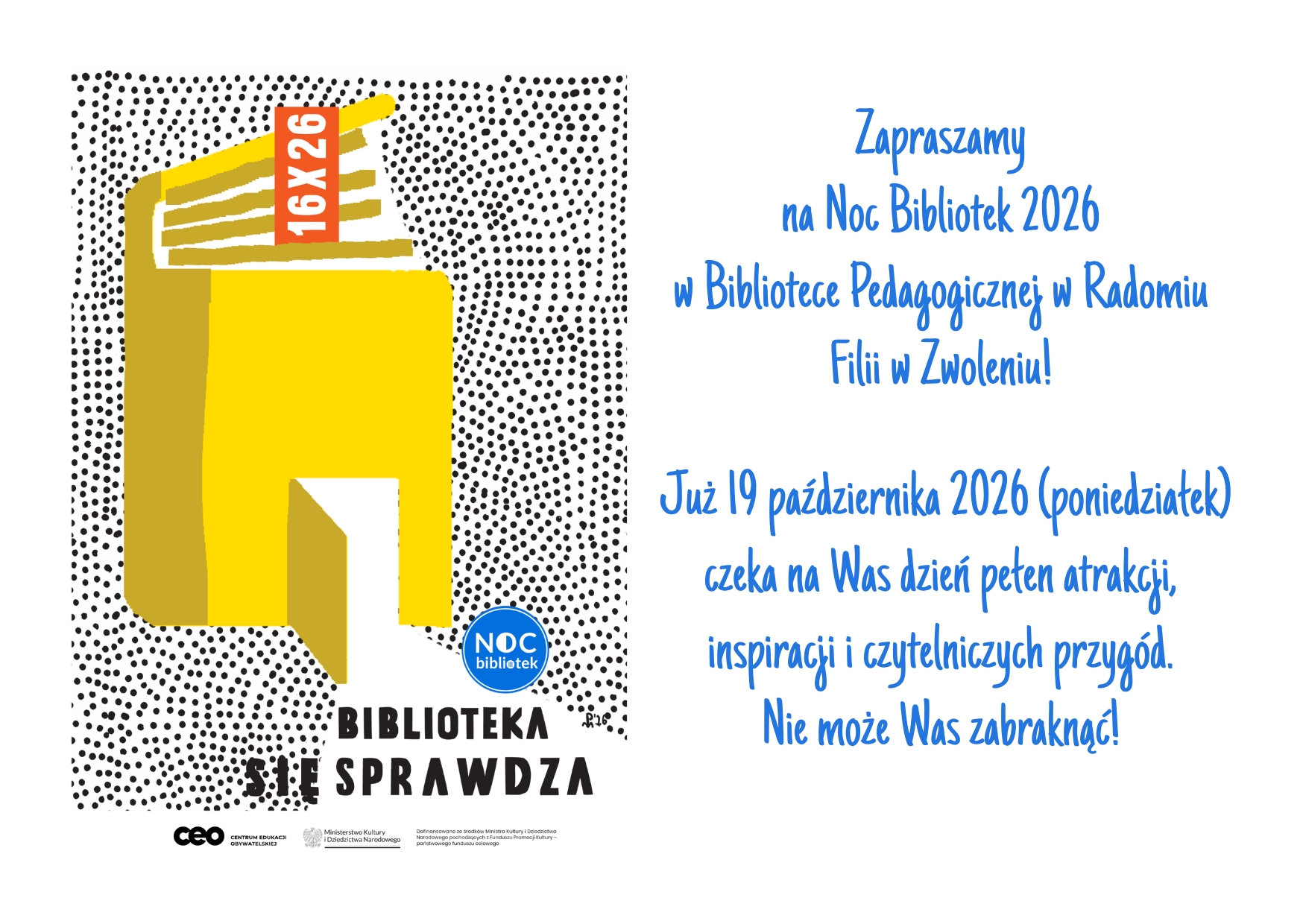 Zapraszamy na Noc Bibliotek 2026, która „Biblioteka (się) sprawdza”. odbywa się pod hasłem 