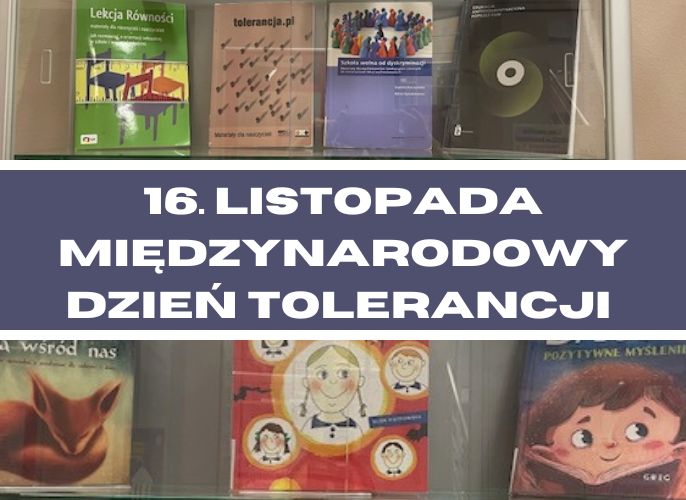 Gablota z książkami i materiałami edukacyjnymi na temat tolerancji, równości i pozytywnego myślenia. Na samej górze grafiki znajduje się duży napis: 