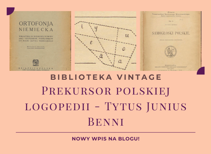 Grafika promująca nowy wpis na blogu Biblioteka Vintage. W górnej części trzy stare książki i schemat fonetyczny: 1️⃣ Po lewej stronie okładka książki 