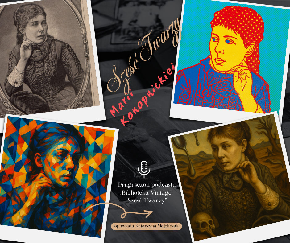 Grafika reklamująca podcast: Sześć twarzy - Maria Konopnicka | Biblioteka Vintage - Katarzyna Majchrzak