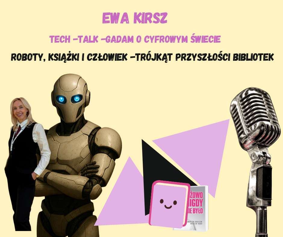 Grafika do podcastu : Tech-Talk gadam o cyfrowym świecie | Roboty, Książki i Człowiek -Trójkąt Przyszłości Bibliotek