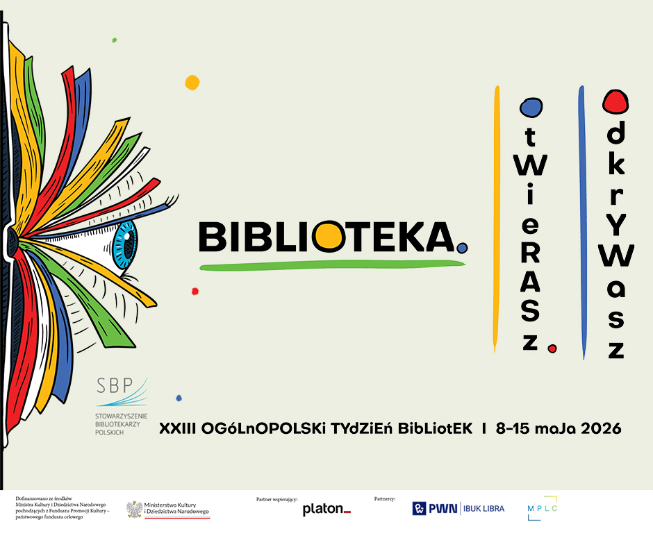 Plansza koloru pistacjowego informująca o Tydzień Bibliotek 2026 w Bibliotece Pedagogicznej w Warszawie
