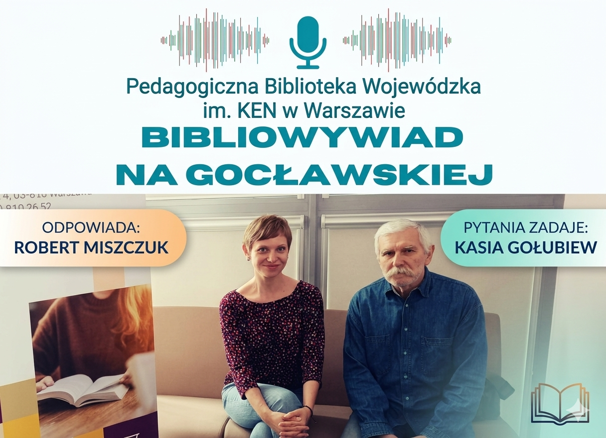 Grafika reklamująca podcast Bibliowywiad na Gocławskiej - Kasia Gołubiew