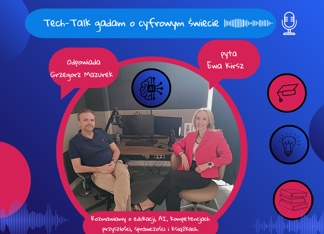 Grafika reklamująca podcast pt. Tech Talk -Gadam o cyfrowym świecie” z prof. Grzegorzem Mazurkiem