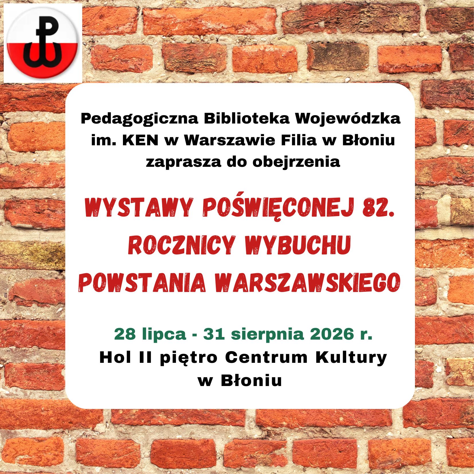 Grafika zapraszająca do obejrzenia wystawy poświęconej 82. Rocznicy wybuchu Powstania Warszawskiego