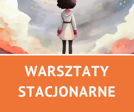 Na obrazu dziewczynka w spodniach i bluzce z długim rękawem stojąca tyłem. Tło to unoszący się biało - czerwony dym.