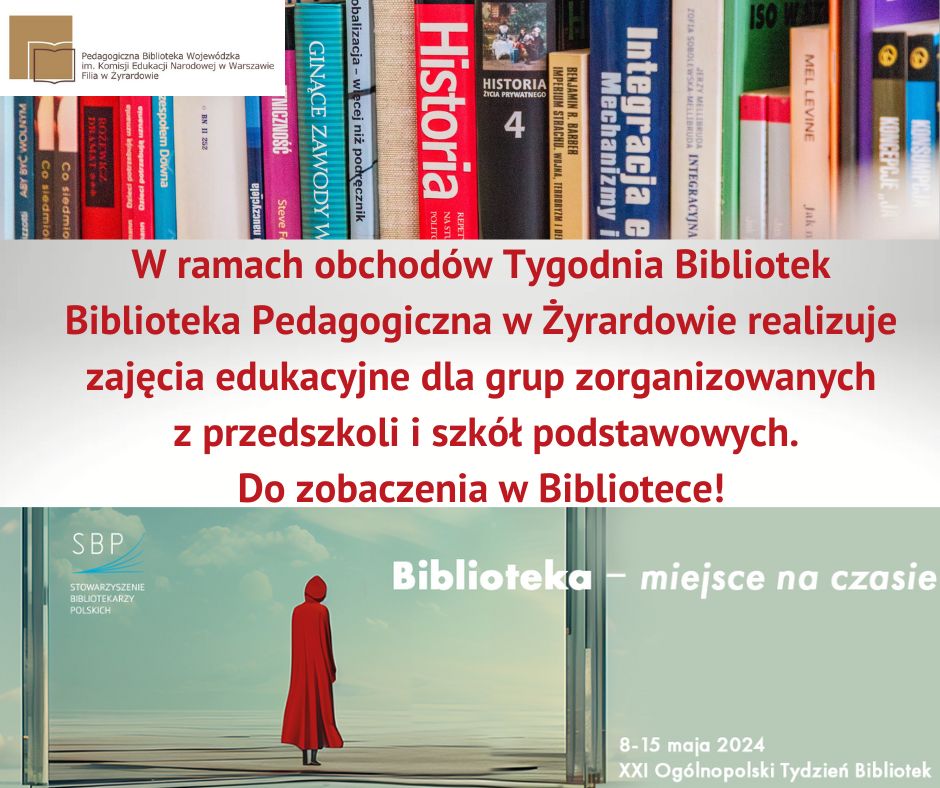 Obraz przedstawiający kolorowe książki na regale oraz informację o organizowanych przez bibliotekę zajęciach.