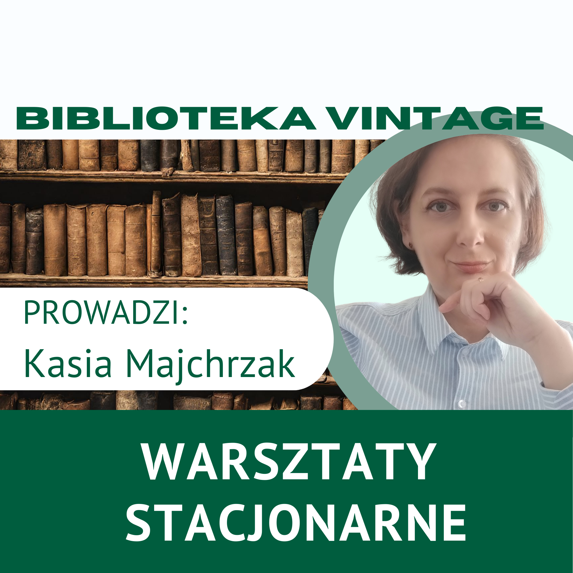 Grafika informująca o warsztatach stacjonarnych w bibliotece.