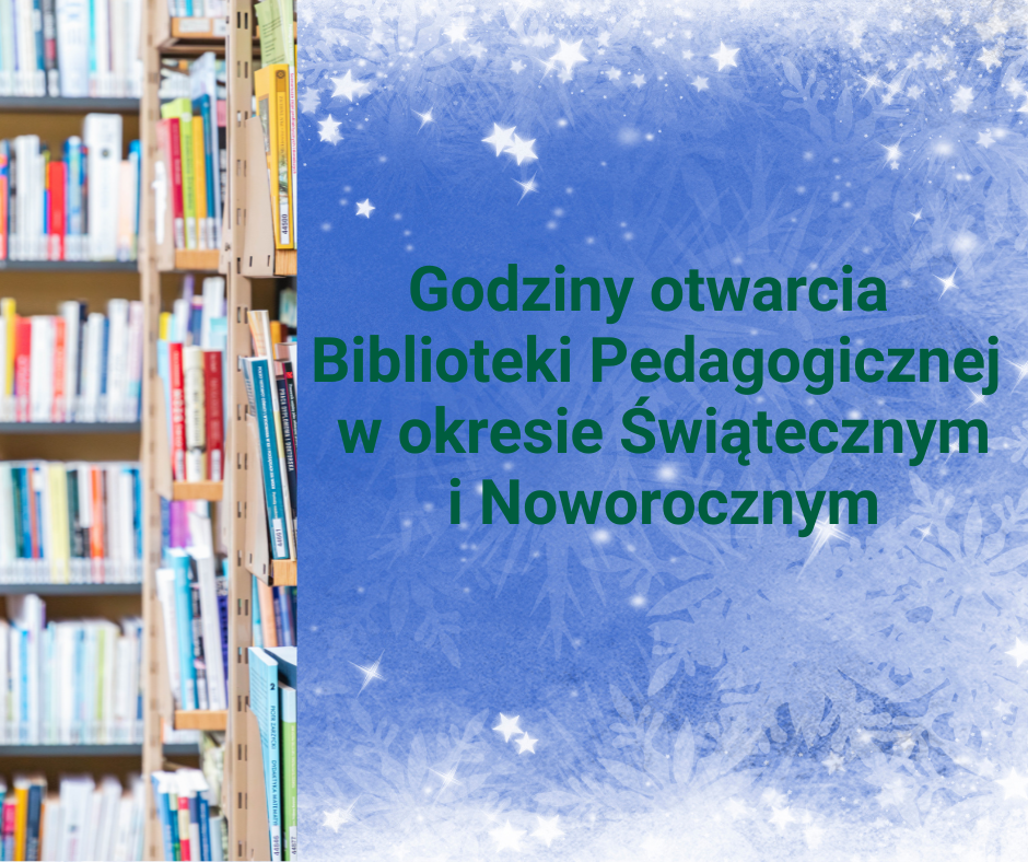 Obraz przedstawia regał z kolorowymi zdjęciami w bibliotece oraz białe zimowe gwiazdki na niebieskim tle.