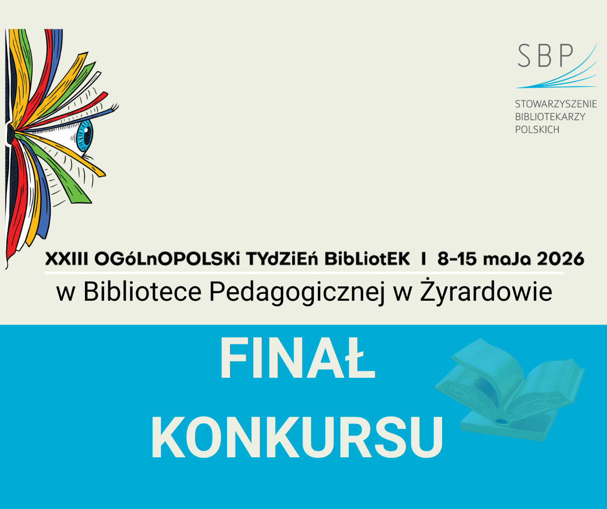 Kolorowa grafika przedstawiająca napisy i logo książki.