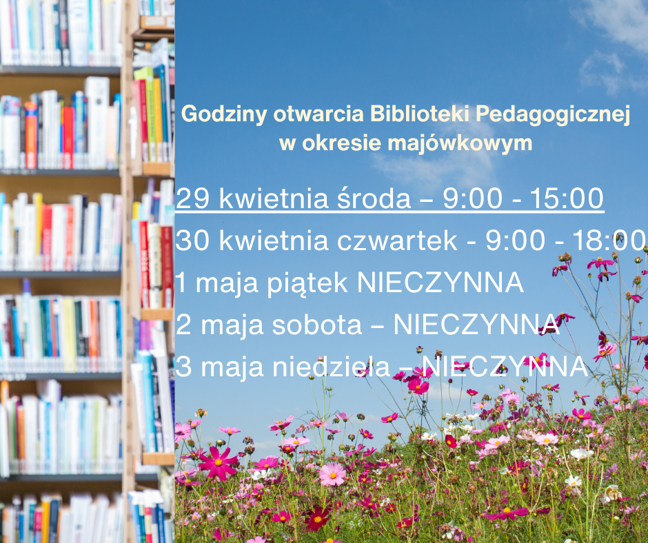Kolorowa grafika przedstawiająca tekst oraz kwiaty na łące, bezchmurne niebo i książki na regałach w pomieszczeniu biblioteki.