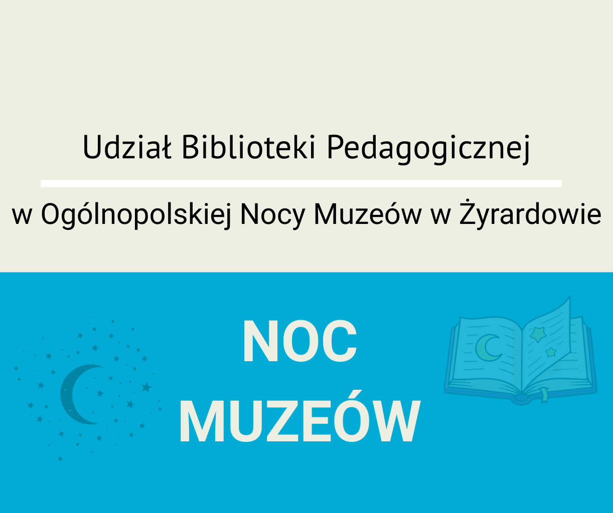 Biało-błękitna grafika o nocy muzeów w bibliotece.
